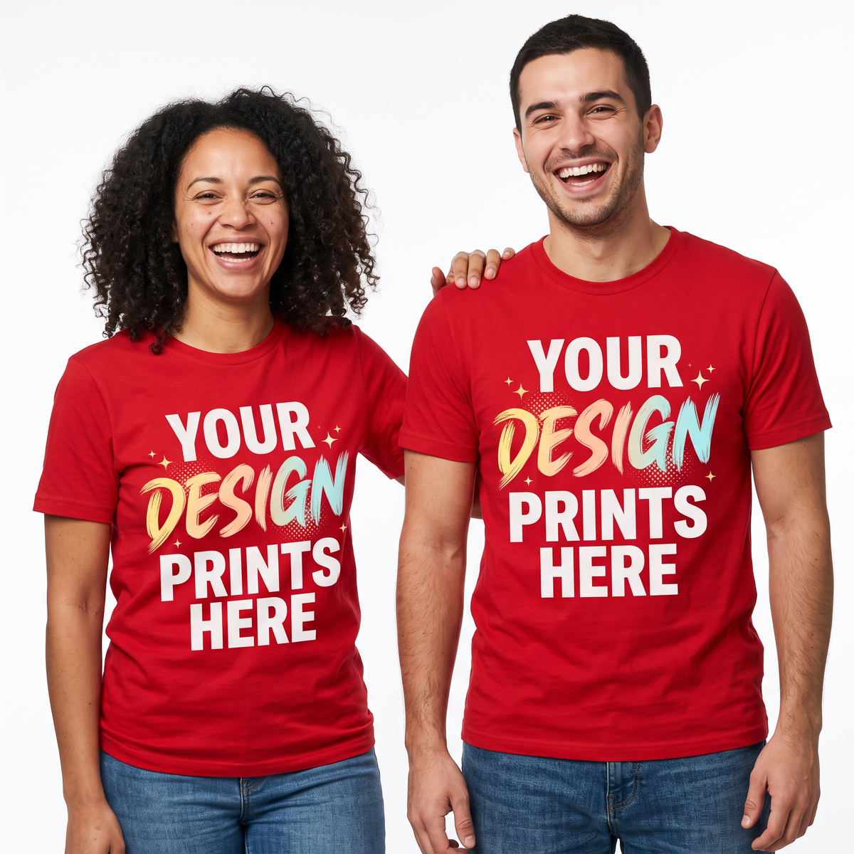 Man and woman wearing custom printed red t-shirts with a light full-color design, custom t-shirt printing in Canada