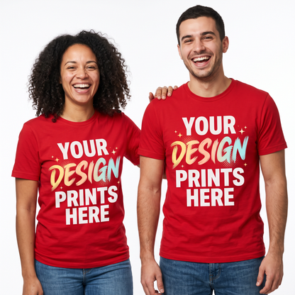 Man and woman wearing custom printed red t-shirts with a light full-color design, custom t-shirt printing in Canada