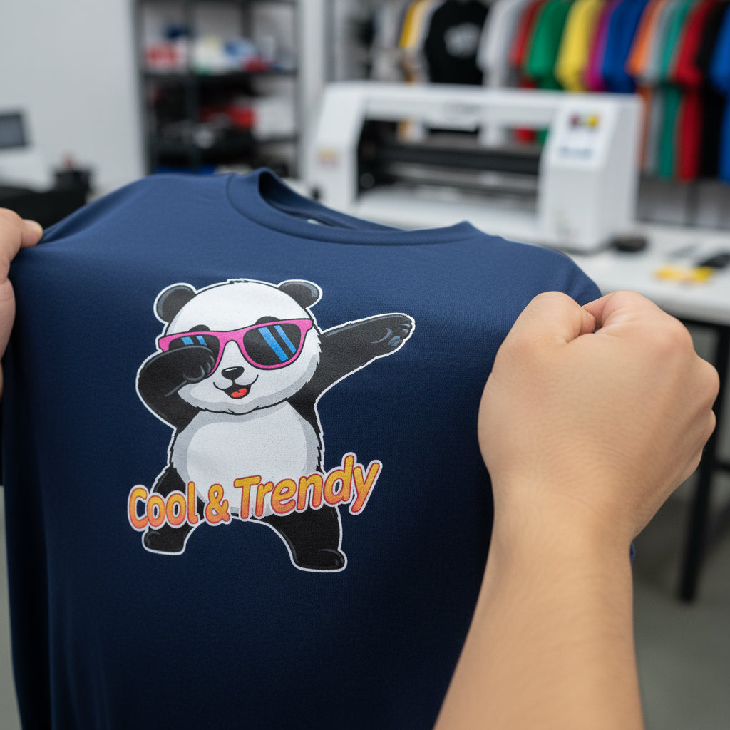 High contrast dtf transfer prints on a dark shirt. 