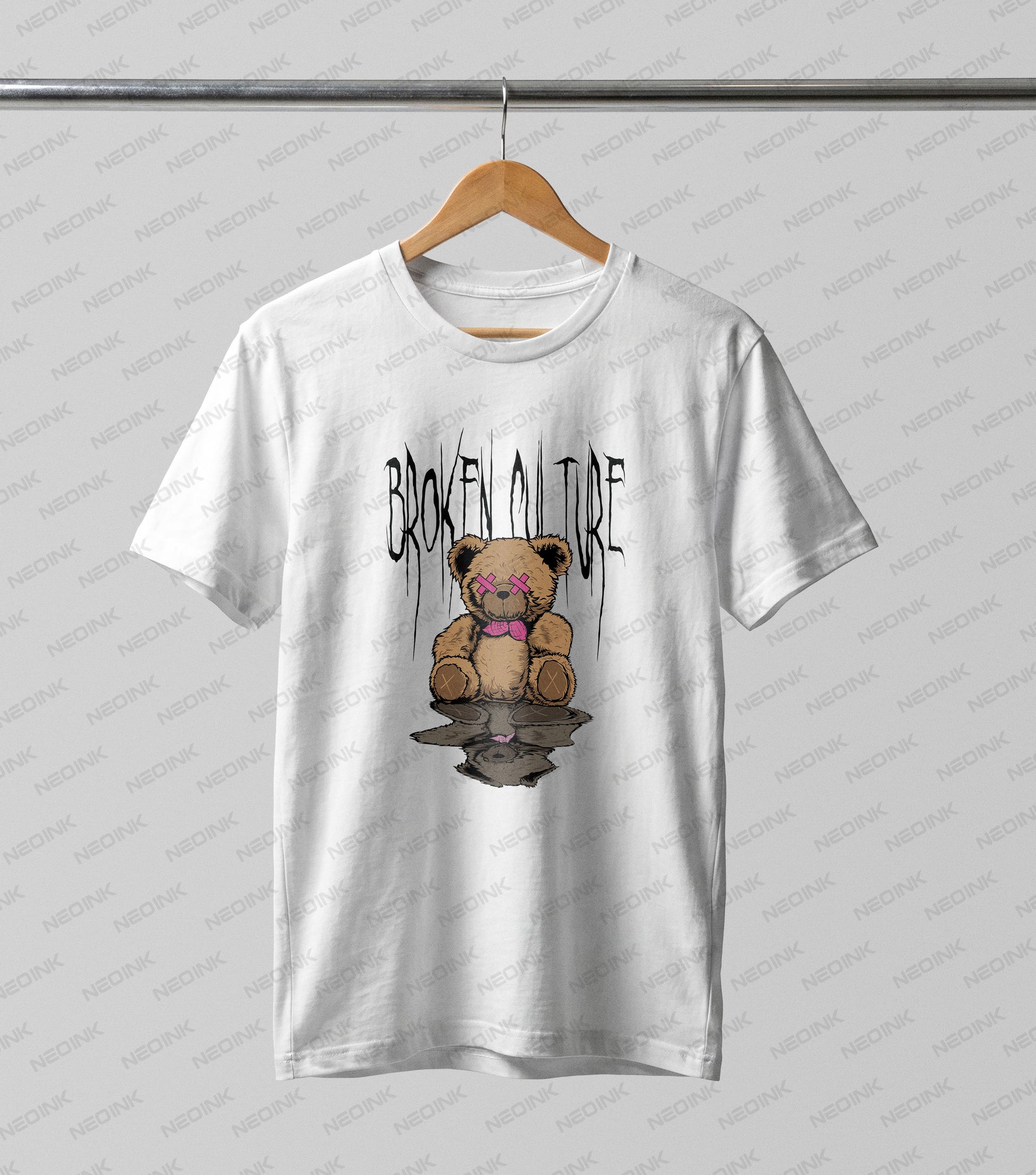 Moody grunge teddy bear with taped eyes sitting by a puddle, beautifully prepared as high-quality DTF transfers ready to print instantly.