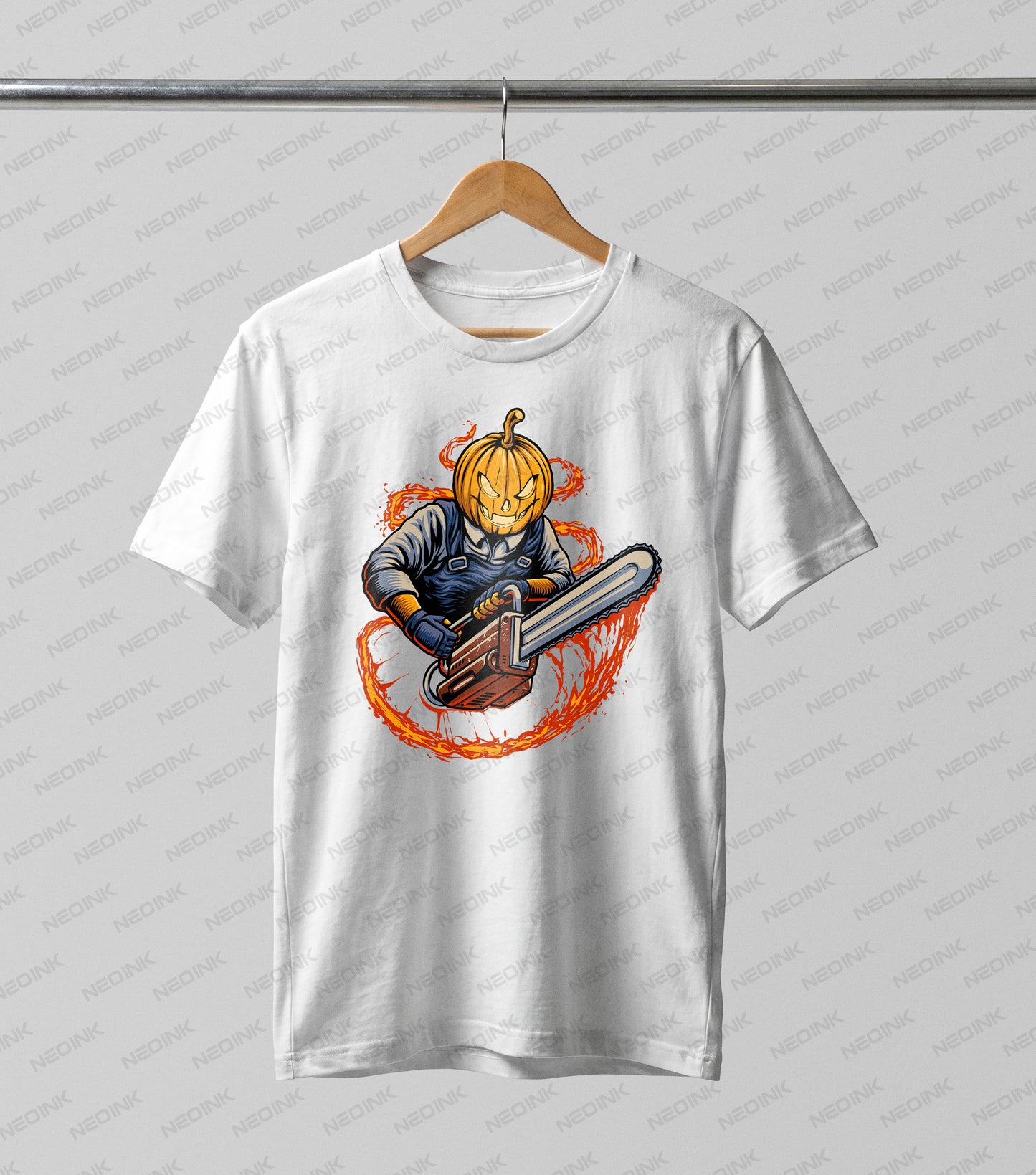sinister jack-o'-lantern wearing denim overalls and wielding a massive, roaring chainsaw, surrounded by a swirling ring of fiery blood splatter.