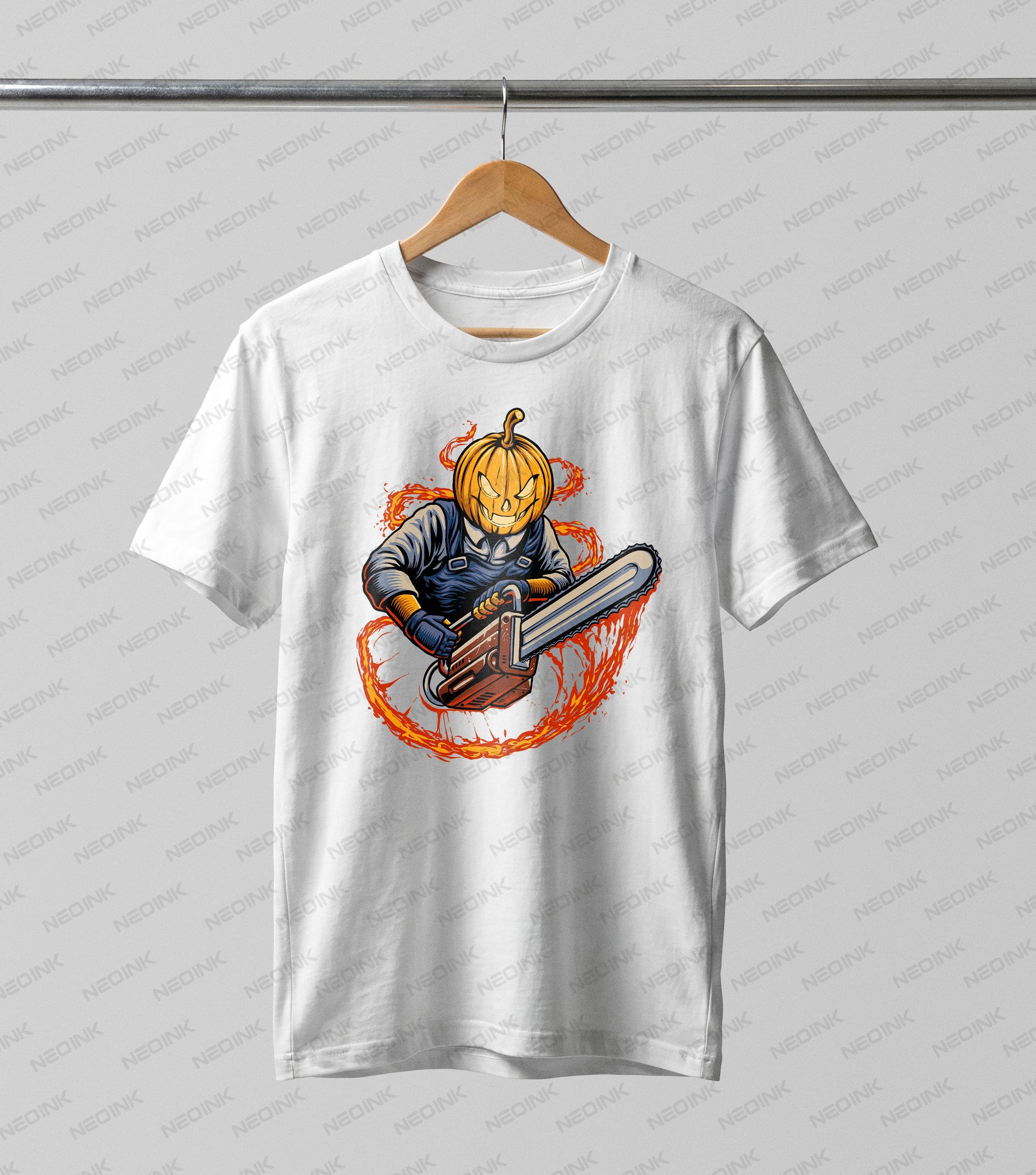 sinister jack-o'-lantern wearing denim overalls and wielding a massive, roaring chainsaw, surrounded by a swirling ring of fiery blood splatter.