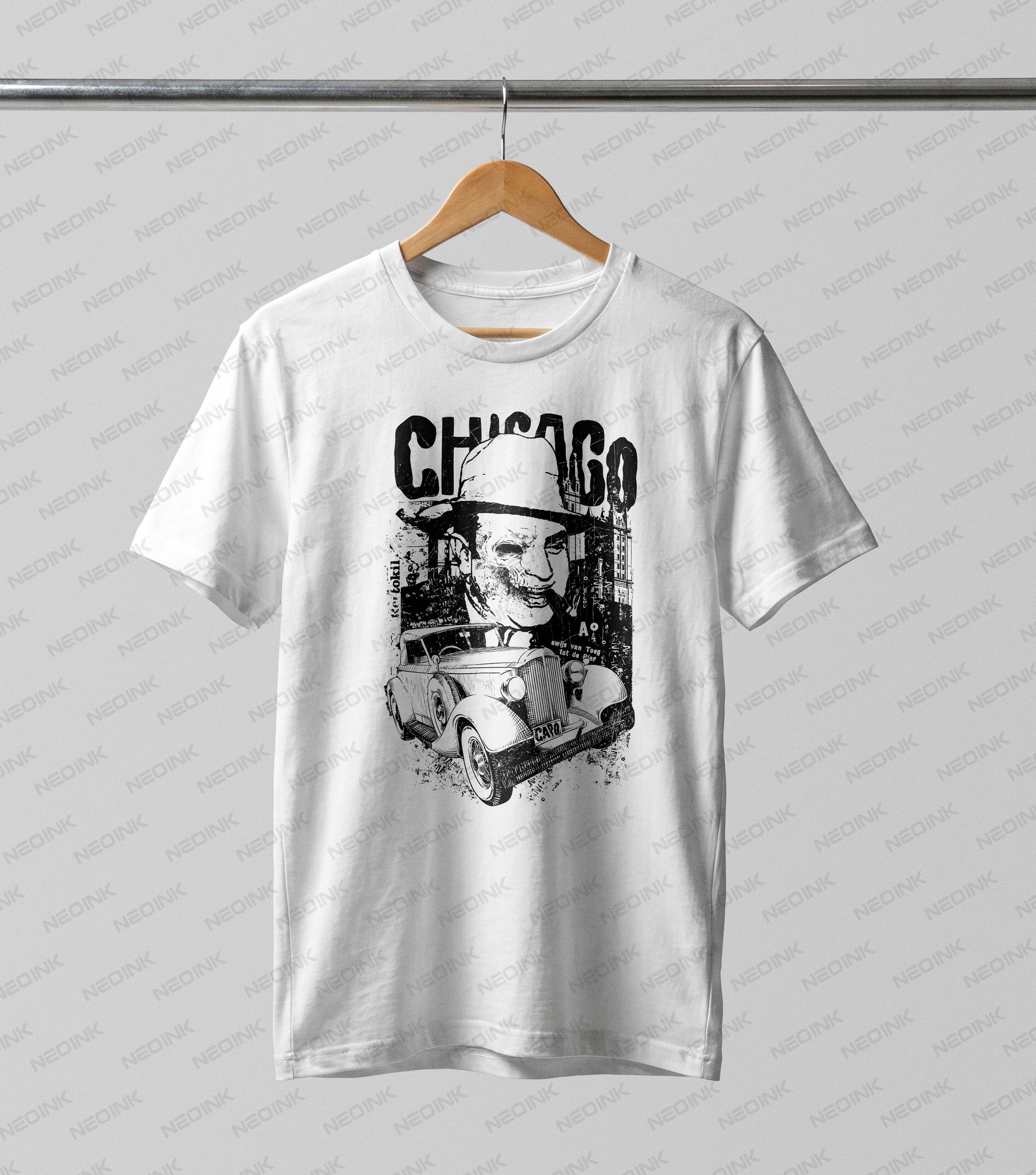 Grunge 1930s Chicago mobster portrait smoking a cigar by a classic getaway car, beautifully detailed on DTF transfers ready to print for edgy outfits.