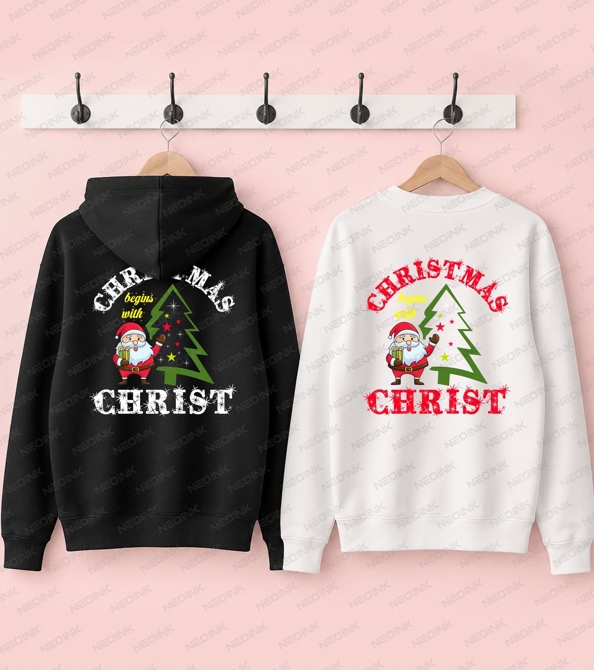 Santa beside a decorated Christmas tree with a Christian Christmas message, ready to print as a DTF transfer.