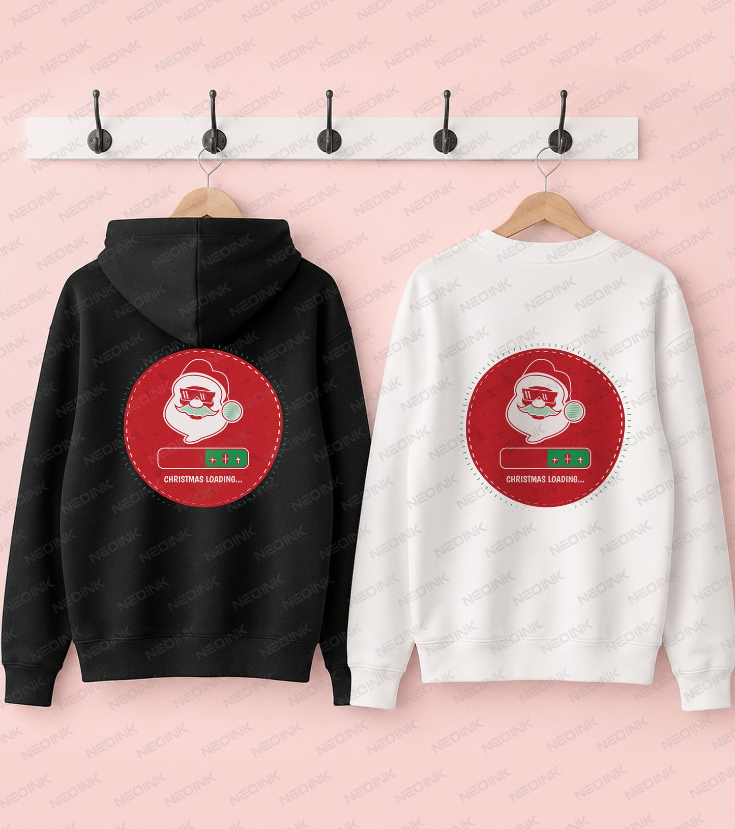 Santa wearing shutter shades above a Christmas loading bar in a gamer-inspired design, ready to print as a holiday DTF transfer.