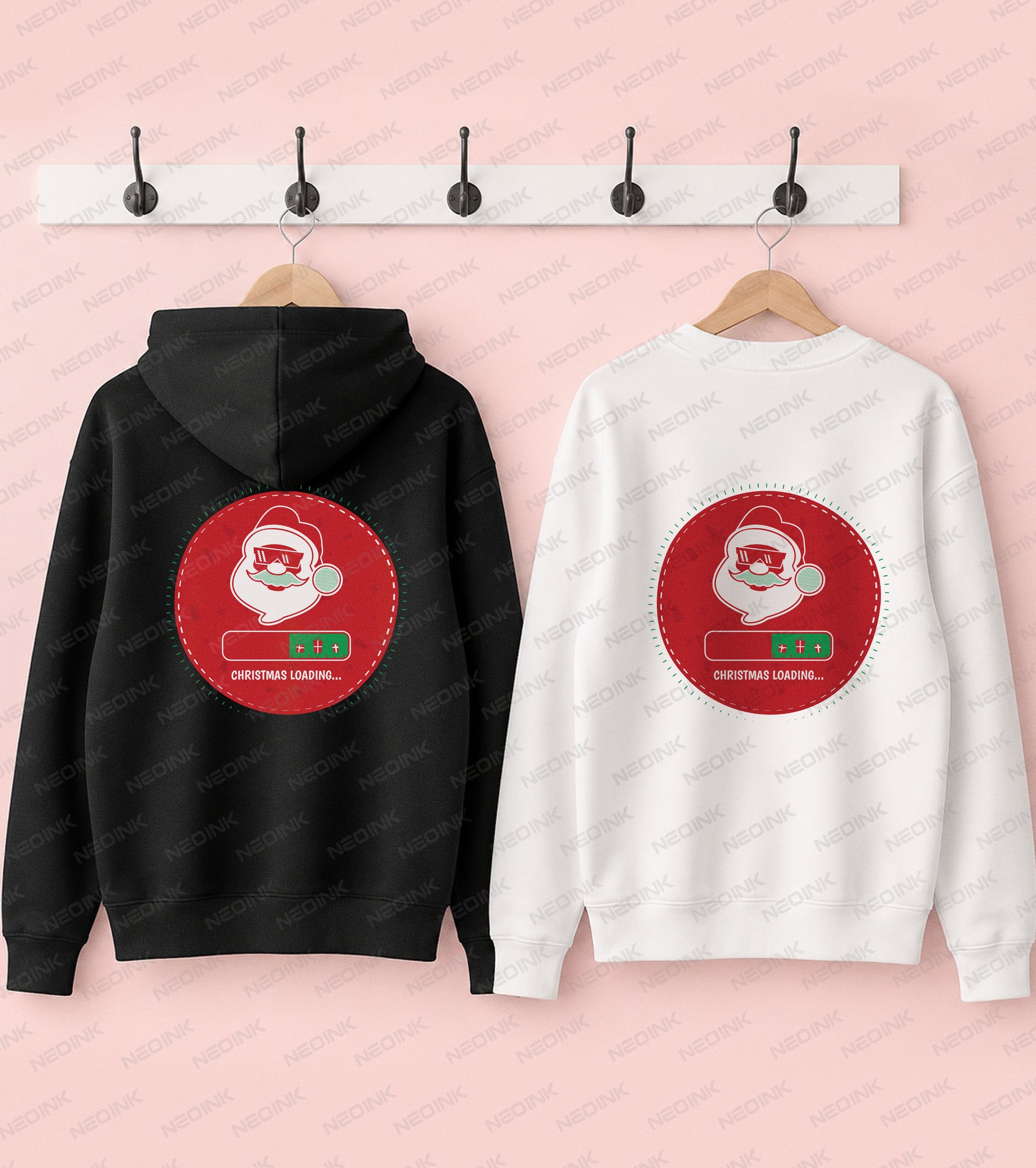 Santa wearing shutter shades above a Christmas loading bar in a gamer-inspired design, ready to print as a holiday DTF transfer.