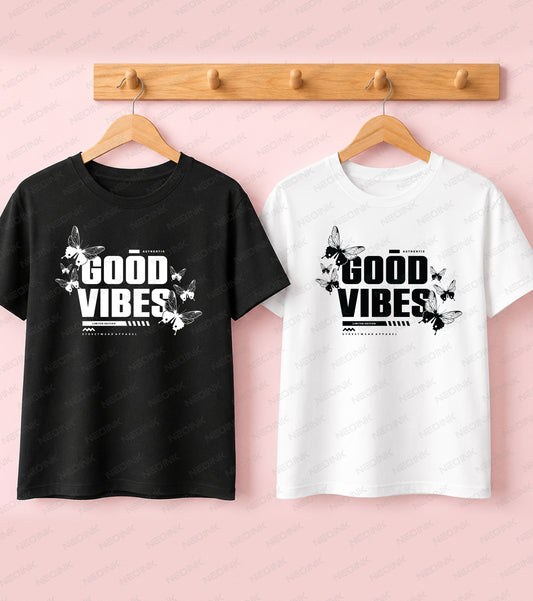 Black t-shirt featuring classic Good Vibes typography surrounded by minimalist black and white butterflies.