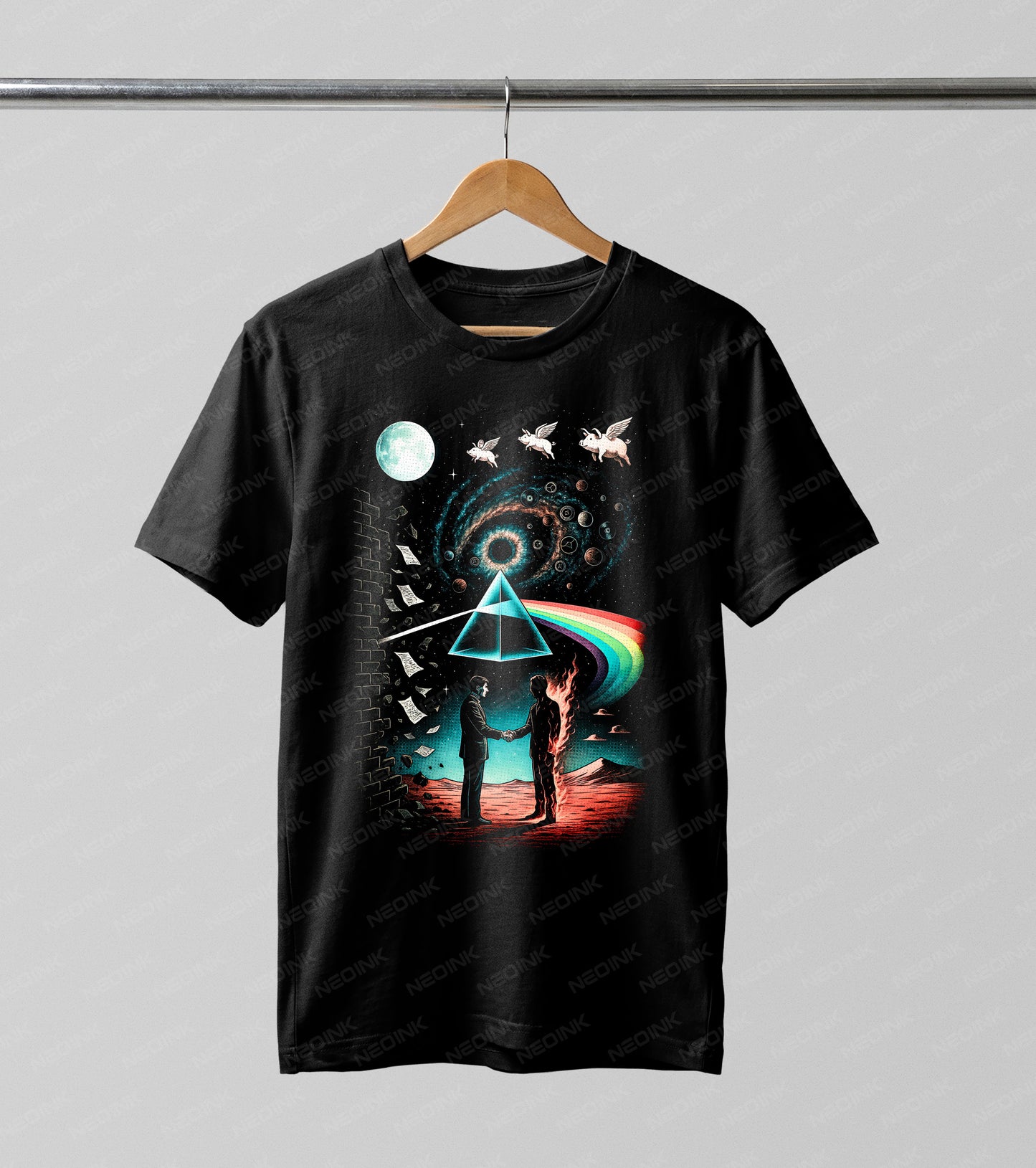 Celebrate legendary music history with this classic rock prism moon Halftone DTF transfer. This epic mashup features iconic elements like a refracting prism, a burning man handshake, floating pigs, and a brick wall, all beautifully detailed with a vintage Halftone texture.