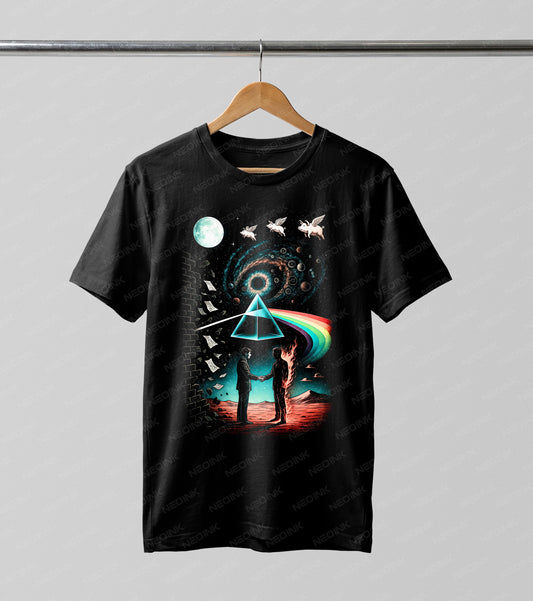 Celebrate legendary music history with this classic rock prism moon Halftone DTF transfer. This epic mashup features iconic elements like a refracting prism, a burning man handshake, floating pigs, and a brick wall, all beautifully detailed with a vintage Halftone texture.
