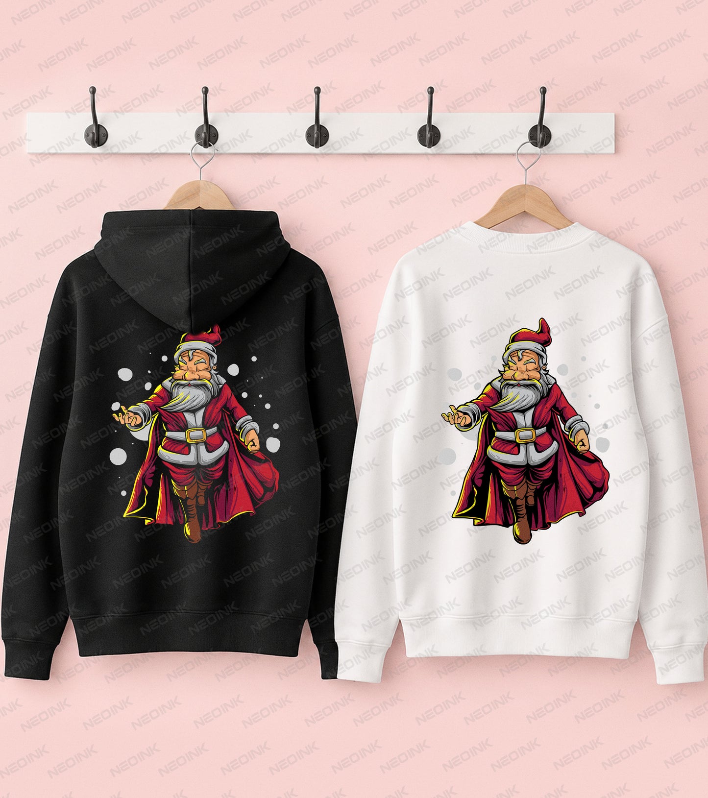 Heroic Santa Claus wearing a flowing red cape in a bold Christmas design, ready to print as a festive DTF transfer.