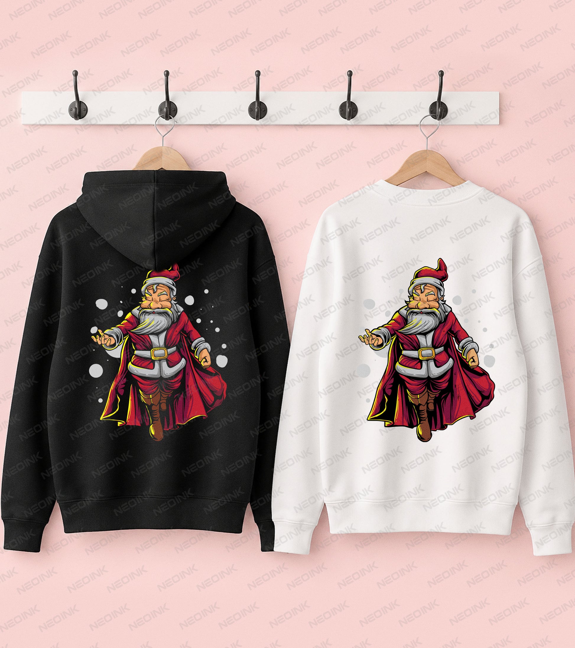 Heroic Santa Claus wearing a flowing red cape in a bold Christmas design, ready to print as a festive DTF transfer.
