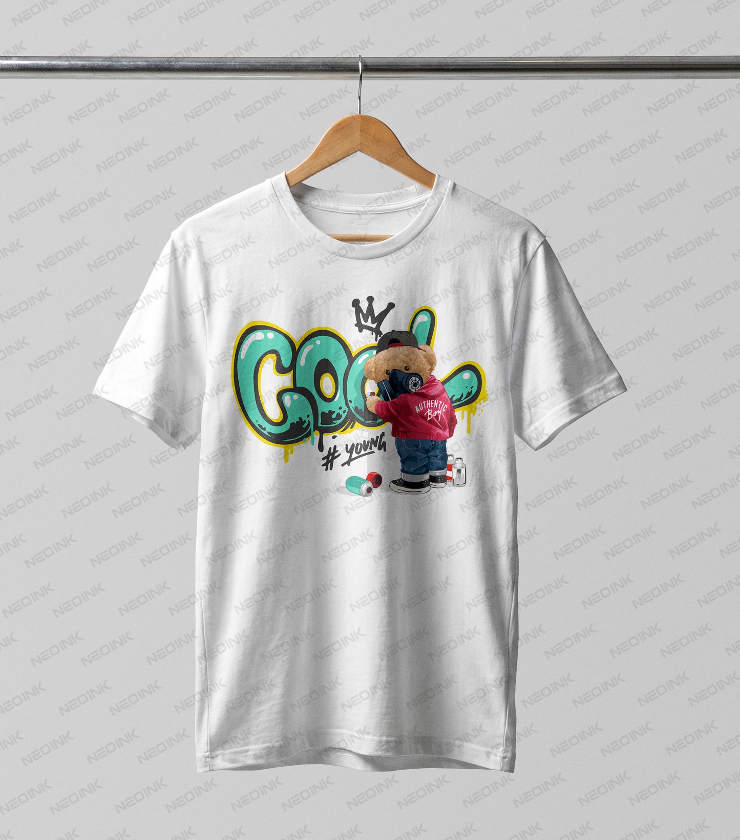 Cool teddy bear in a respirator mask spraying colorful graffiti, making these high-energy DTF transfers ready to print for skate fashion.