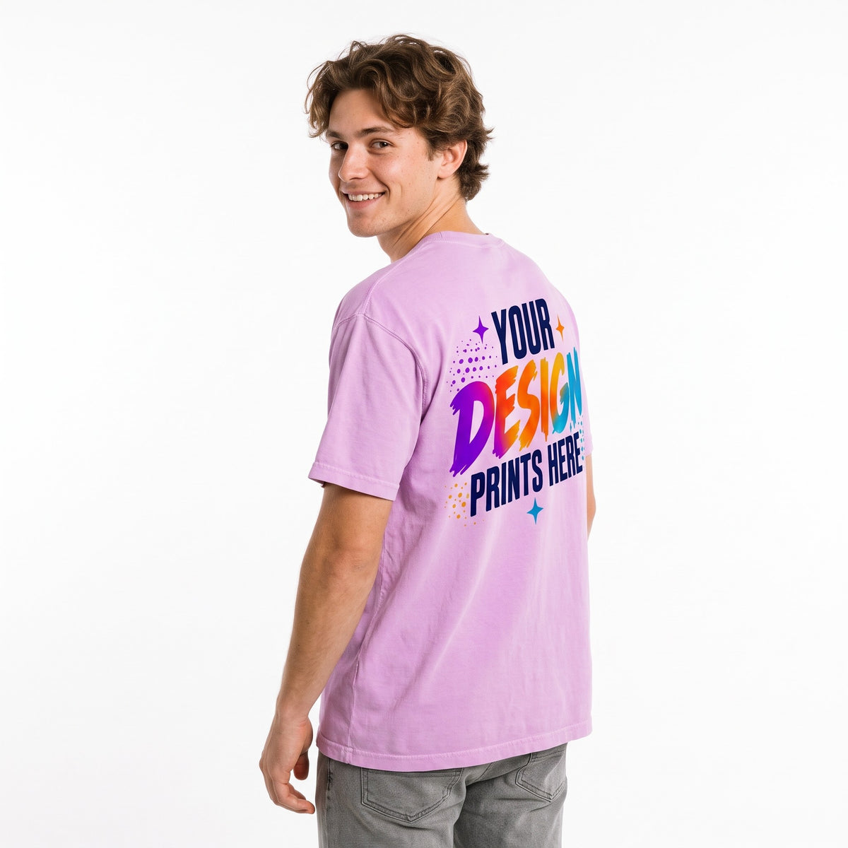 Close-up of a small custom sleeve print on a Comfort Colors t-shirt