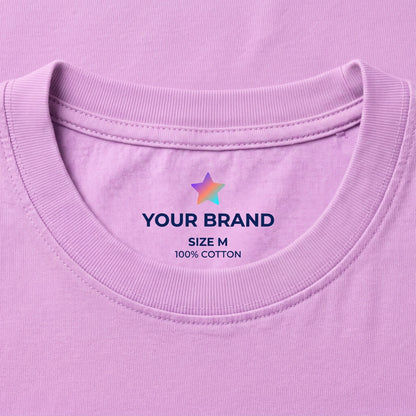 Custom printed tagless neck label inside a neon violet Comfort Colors t-shirt