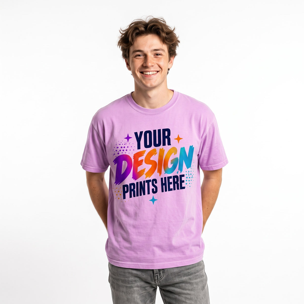 Close-up of a premium DTF print on a custom Comfort Colors t-shirt made in Canada