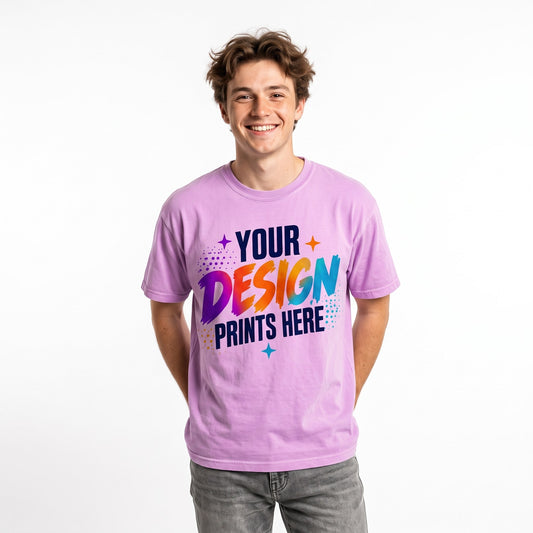 Man wearing a custom printed Comfort Colors garment-dyed t-shirt in neon violet with a full-color design
