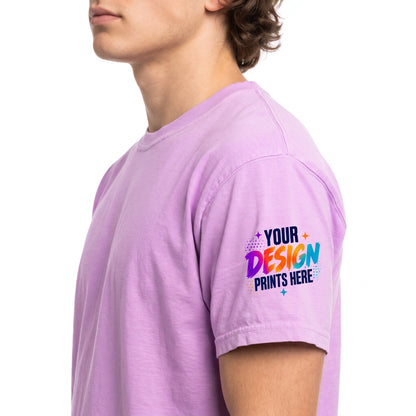 Man wearing a custom printed neon violet Comfort Colors t-shirt with a full-color back print