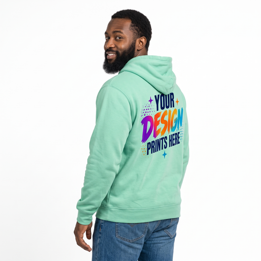 Man wearing a custom printed mint green hoodie with a full-color back print