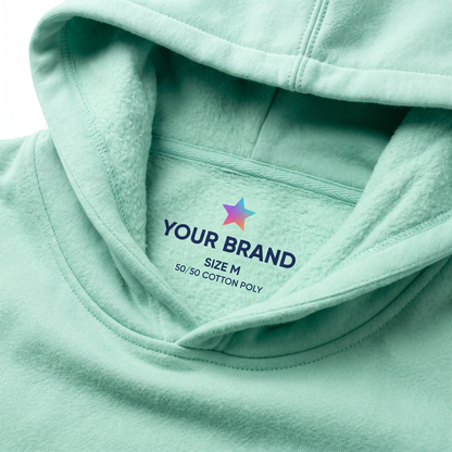 Custom printed tagless neck label inside a mint green hoodie