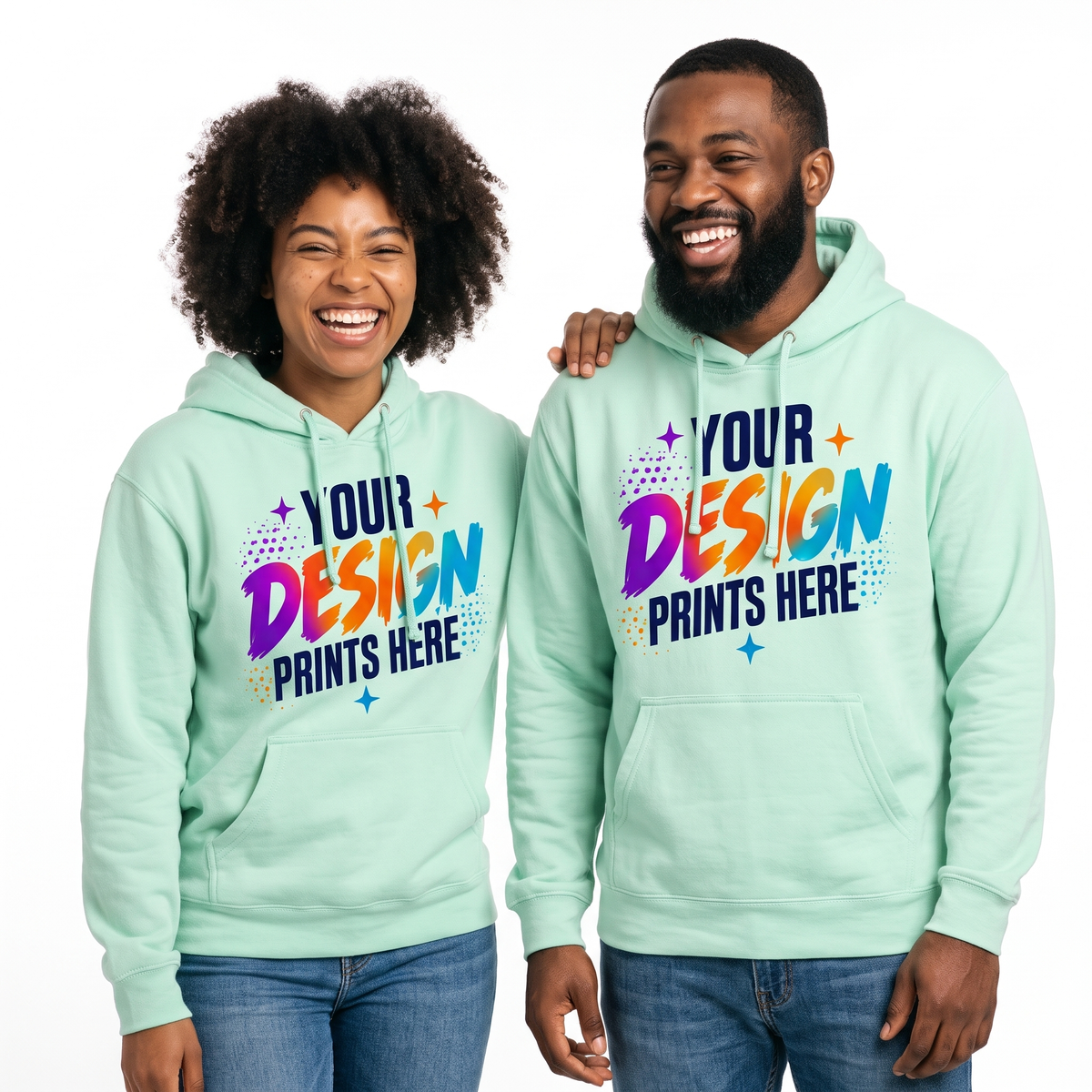Man and woman wearing custom printed mint green hoodies with a full-color design, custom hoodie printing in Canada