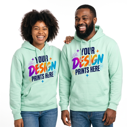 Man and woman wearing custom printed mint green hoodies with a full-color design, custom hoodie printing in Canada