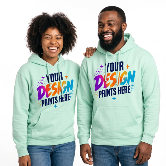 Man and woman wearing custom printed mint green hoodies with a full-color design, custom hoodie printing in Canada