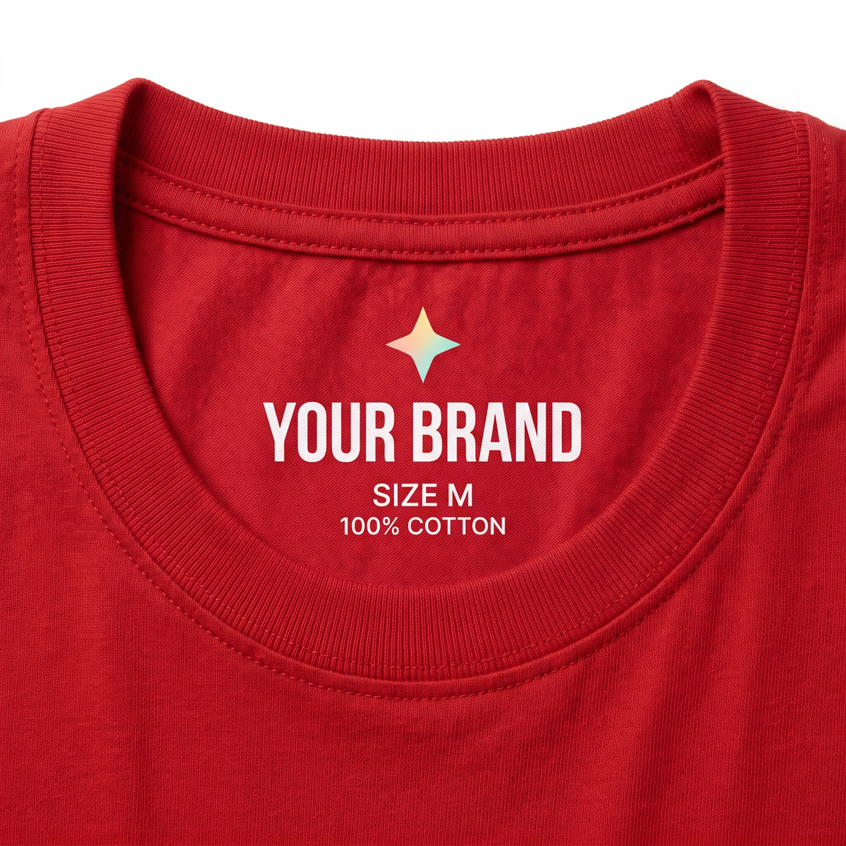 Custom printed tagless neck label inside a red t-shirt