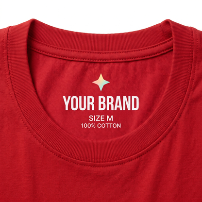 Custom printed tagless neck label inside a red t-shirt