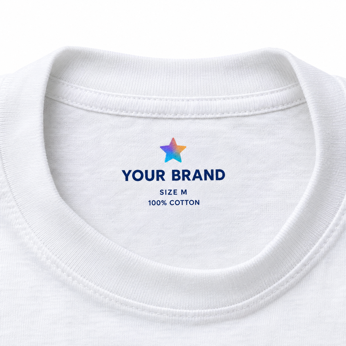 Custom printed tagless neck label inside a white t-shirt