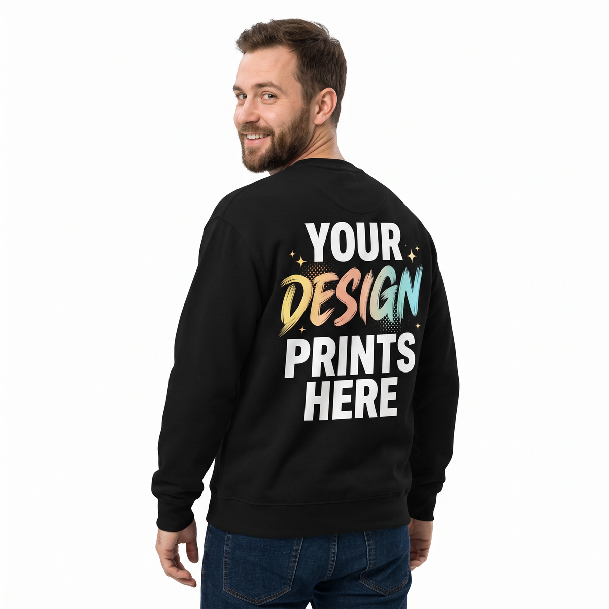 Man wearing a custom printed black sweatshirt with a large back print
