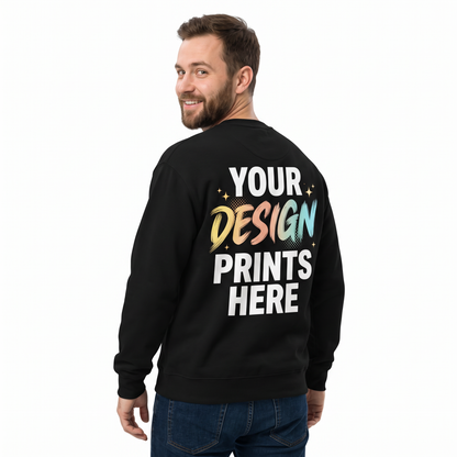 Man wearing a custom printed black sweatshirt with a large back print