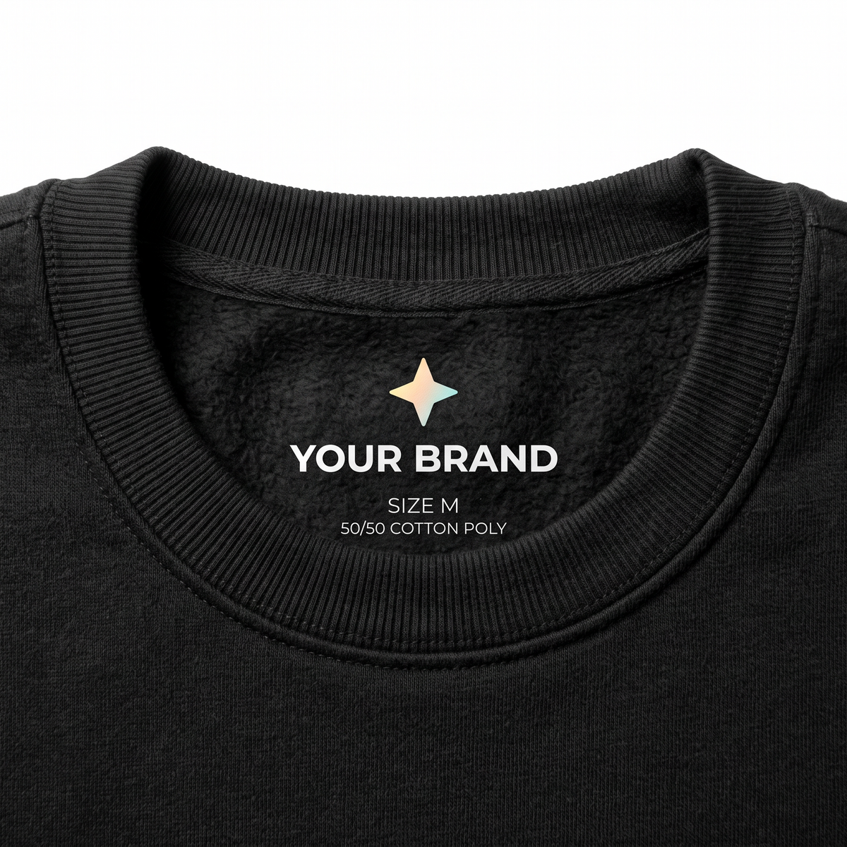 Custom printed tagless neck label inside a black sweatshirt
