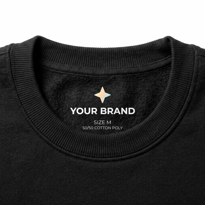 Custom printed tagless neck label inside a black sweatshirt