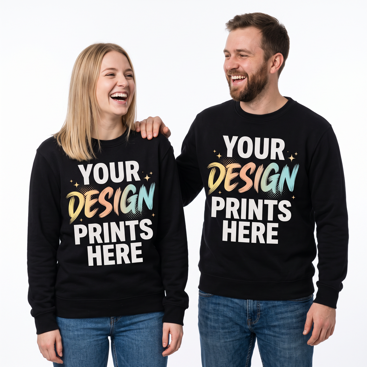 Man and woman wearing custom printed black crewneck sweatshirts with a light full-color design, custom sweatshirt printing in Canada