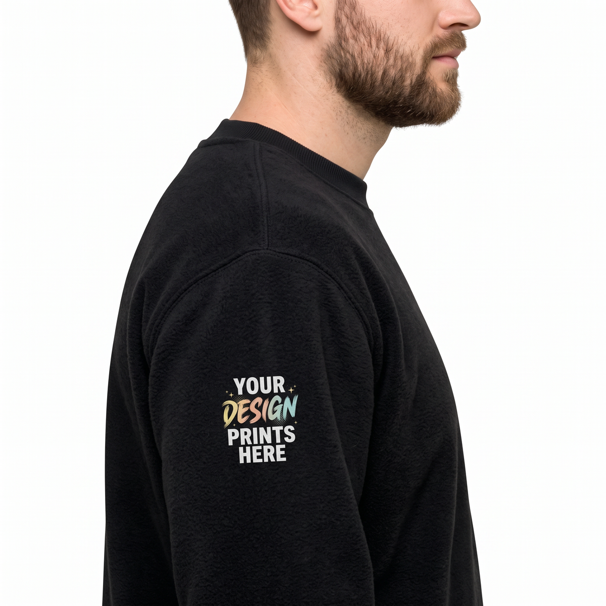 Close-up of a custom sleeve print on a black crewneck sweatshirt