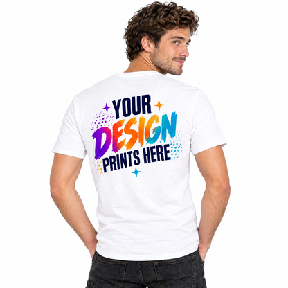 Man wearing a custom printed white t-shirt with a full-color back print
