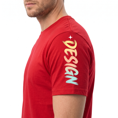 A man wearing a red short-sleeve t-shirt, shown from the side profile against a plain white background. The shirt features a colorful graphic on the upper left shoulder with the word 'DESIGN' in a vertical, brush-stroke style font transitioning through yellow, orange, and light blue, topped with a small white star.
