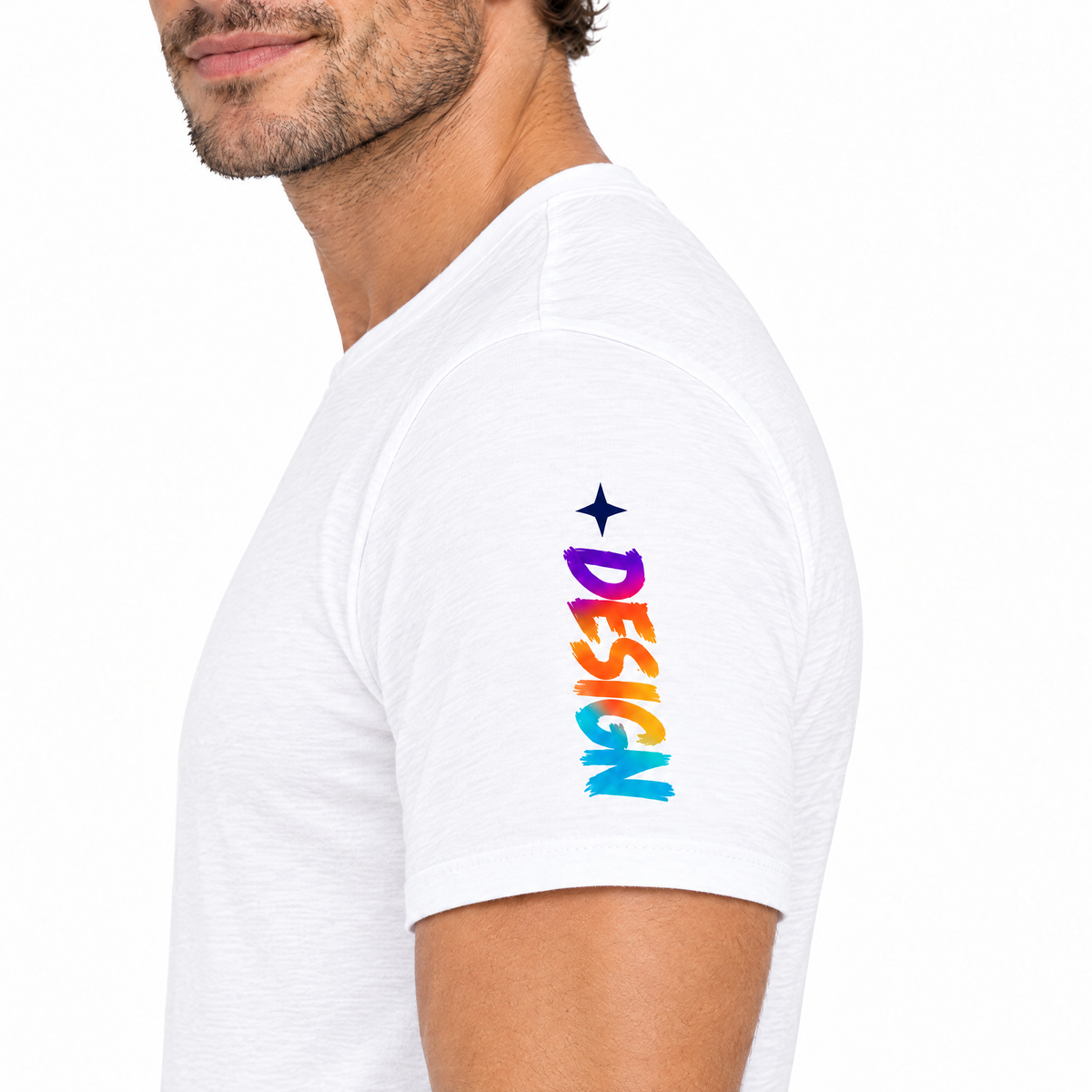 Close-up of a custom sleeve print on a white t-shirt