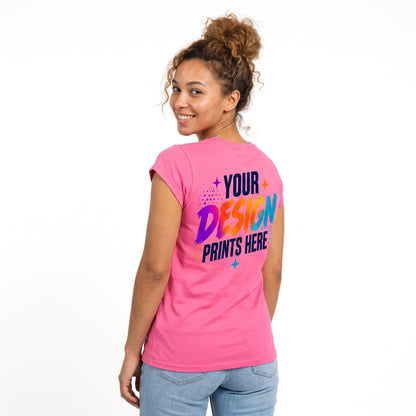 Woman wearing a custom printed pink fitted t-shirt with a full-color back print