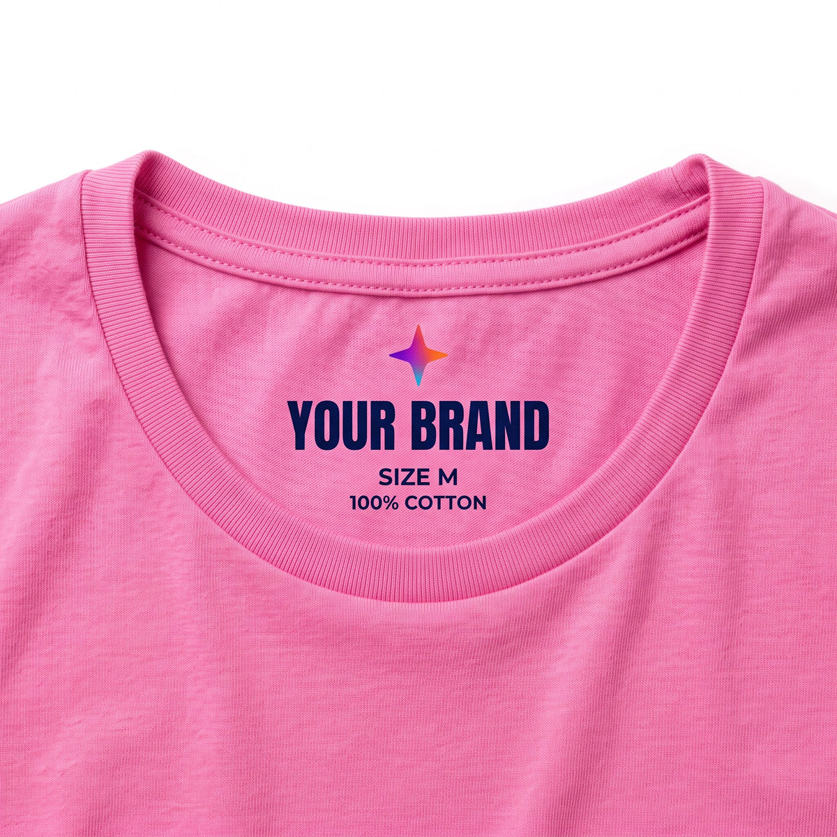 Custom printed tagless neck label inside a pink women’s t-shirt
