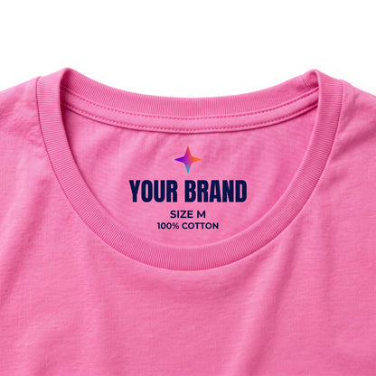 Custom printed tagless neck label inside a pink women’s t-shirt