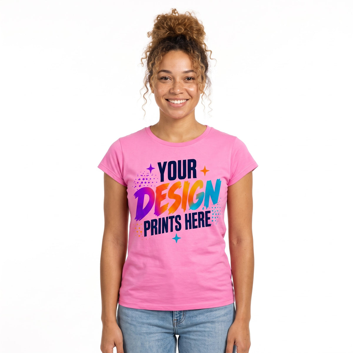 Woman wearing a custom printed pink women’s t-shirt with a full-color design, custom women’s t-shirt printing in Canada