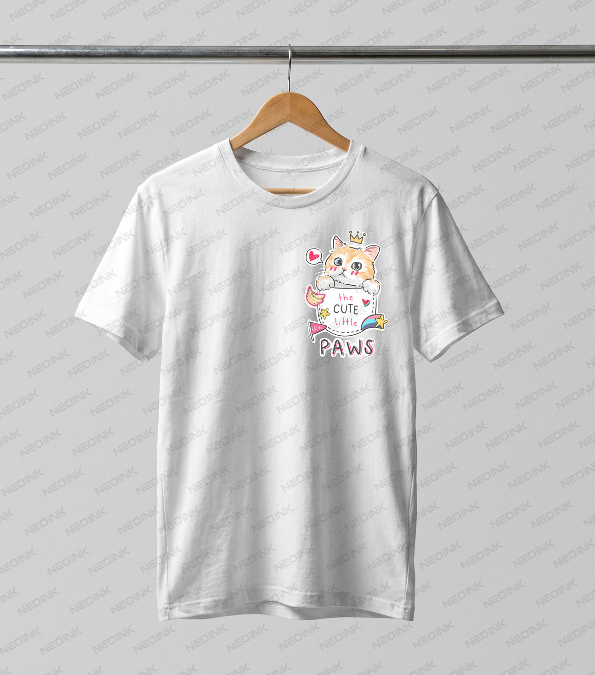 Sweet crowned kitten peeking out of a drawn faux pocket, easily applied using DTF transfers ready to print for cute everyday t-shirts.