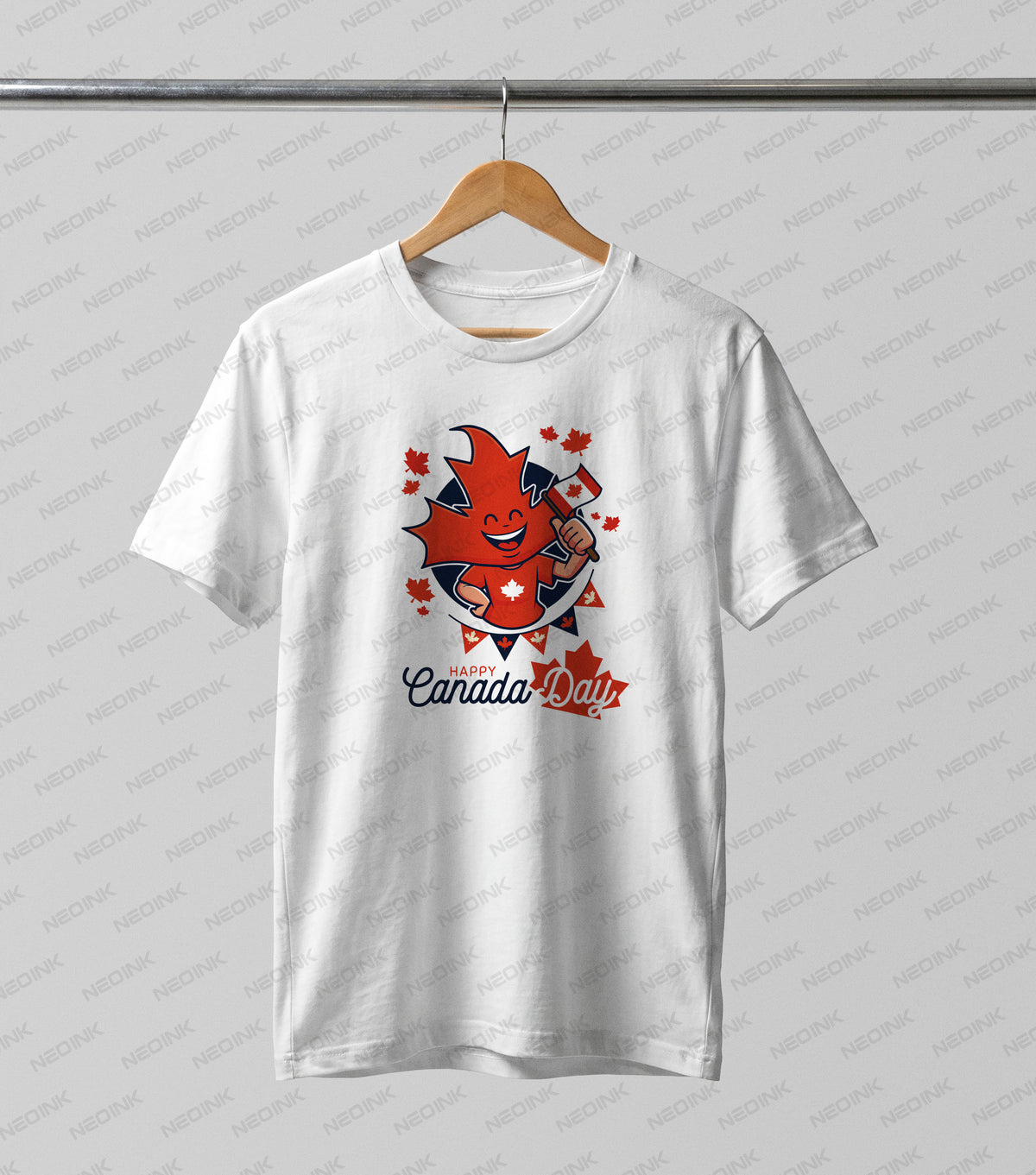 Adorable smiling cartoon maple leaf character holding a flag, offered as bright DTF transfers ready to print for fun kids celebration shirts.