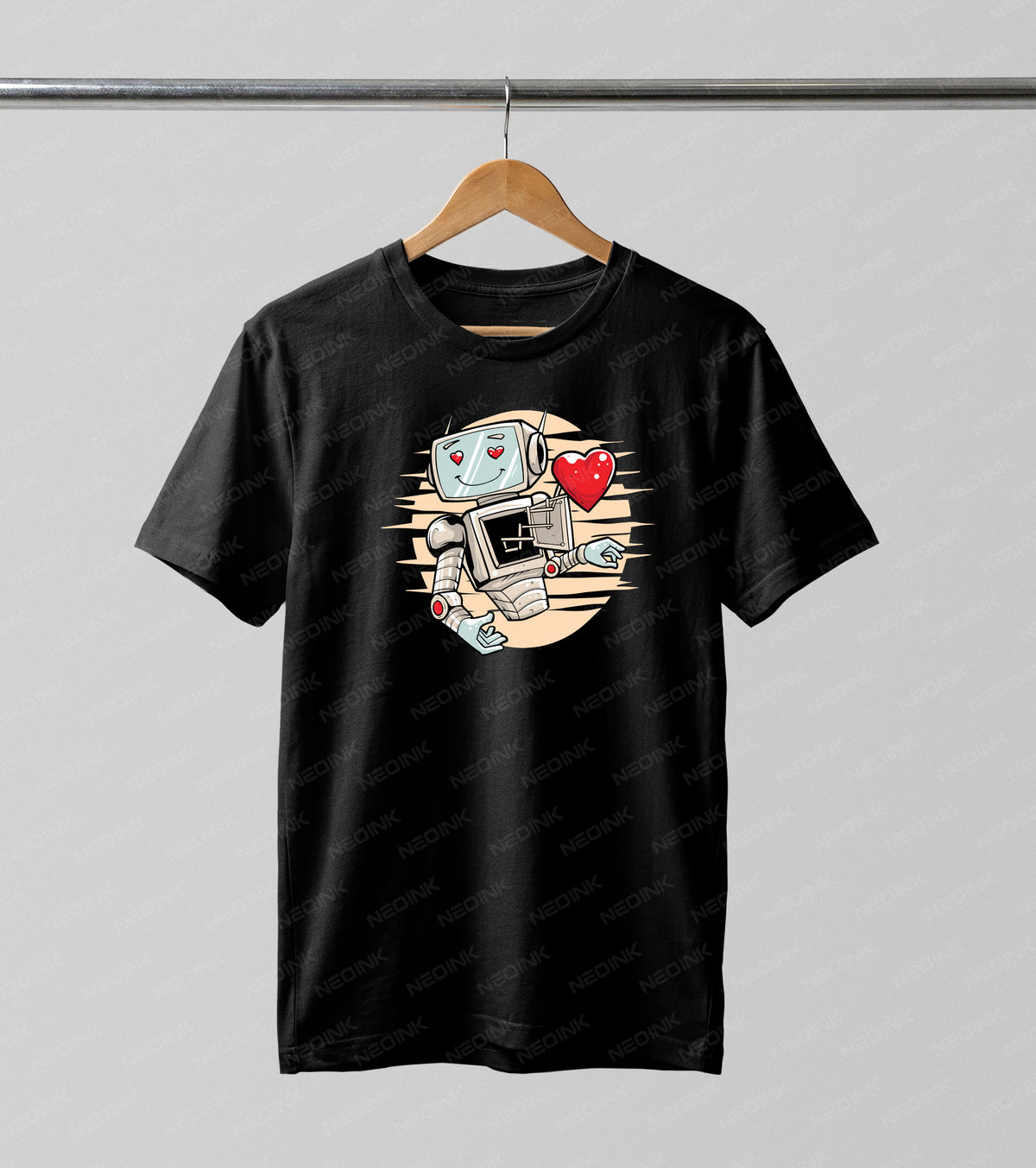 Adorable retro robot with glowing heart eyes revealing a red heart, designed as sweet DTF transfers ready to print for geek-chic outfits.