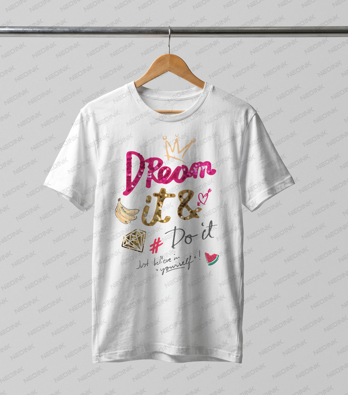 Motivating pop art design with glittery pink and gold typography, available as bright DTF transfers ready to print for stylish girly clothing.
