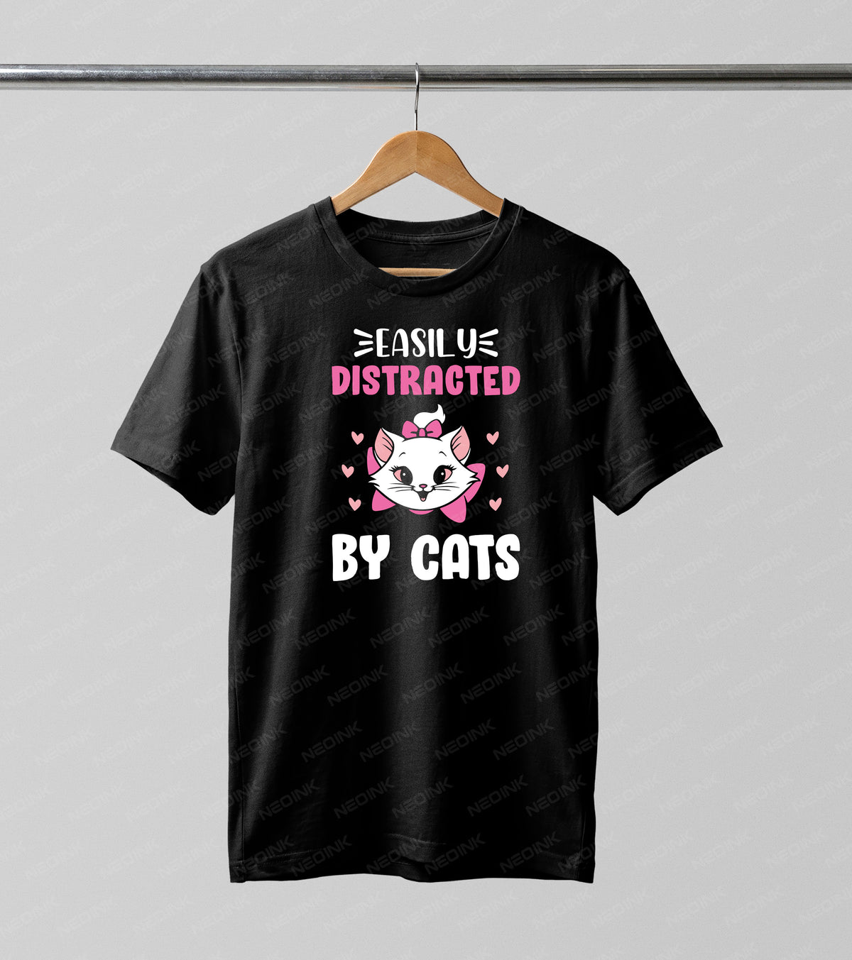 Charming white cat with a pink bow and a funny relatable quote, beautifully detailed on DTF transfers ready to print for pet lovers.