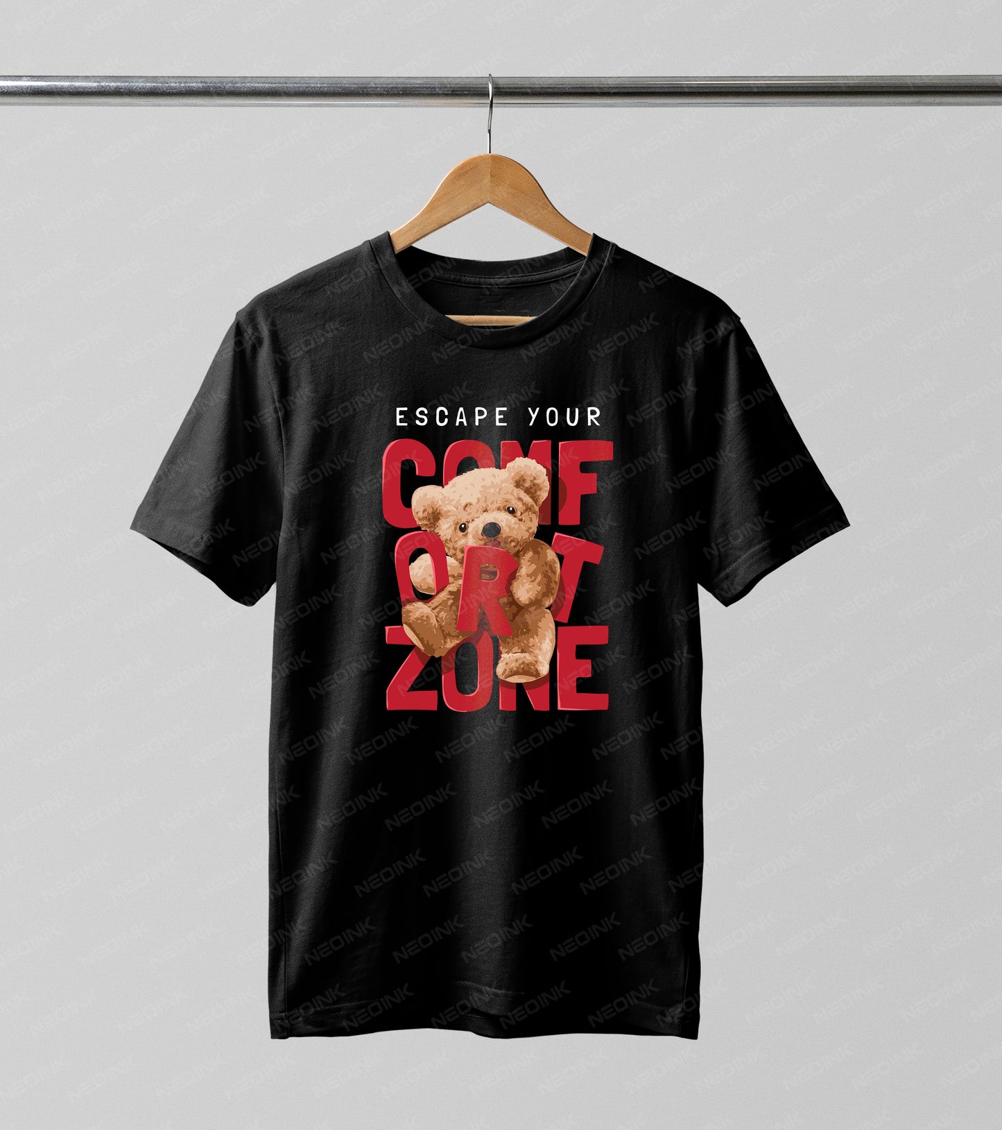 Motivational streetwear teddy bear bursting through red typography, making these bright DTF transfers ready to print for standout hoodies.