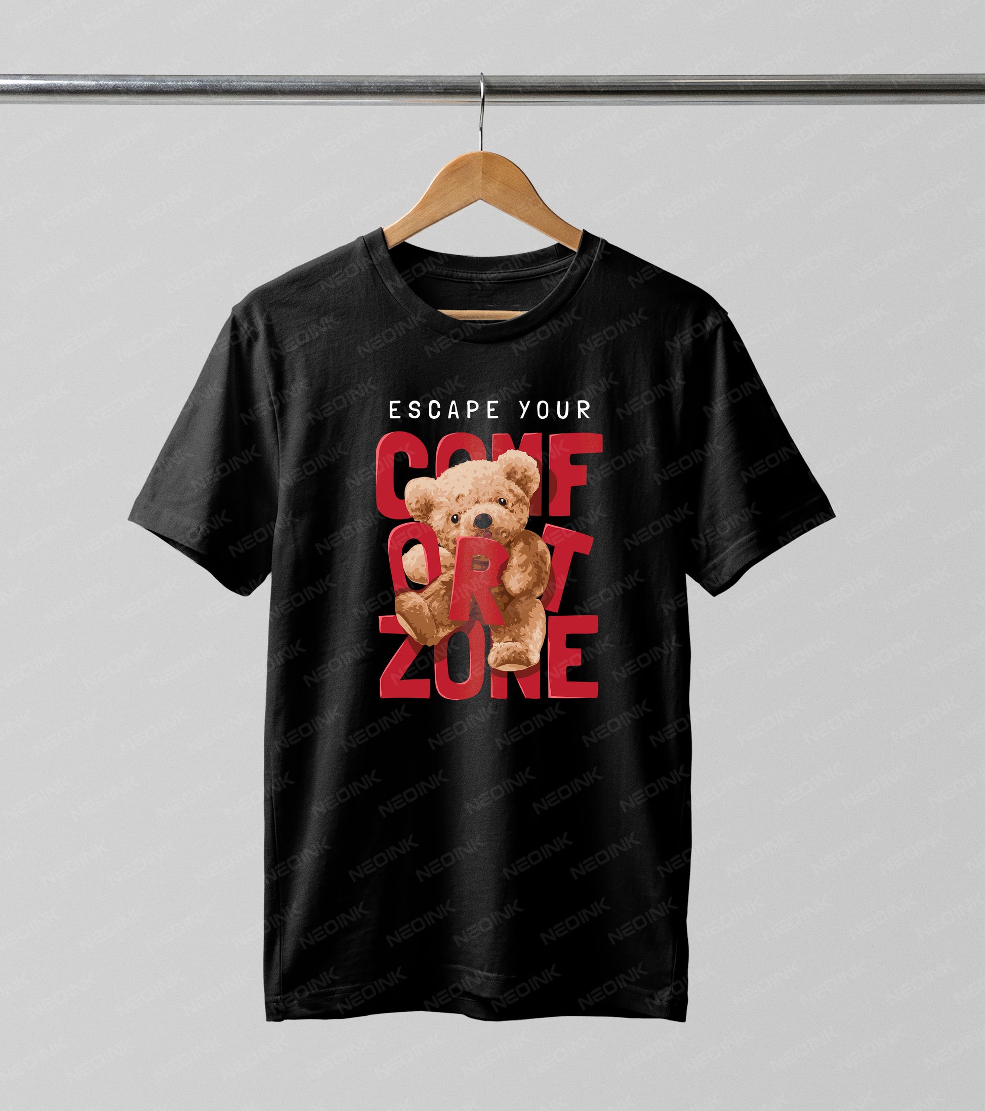 Motivational streetwear teddy bear bursting through red typography, making these bright DTF transfers ready to print for standout hoodies.
