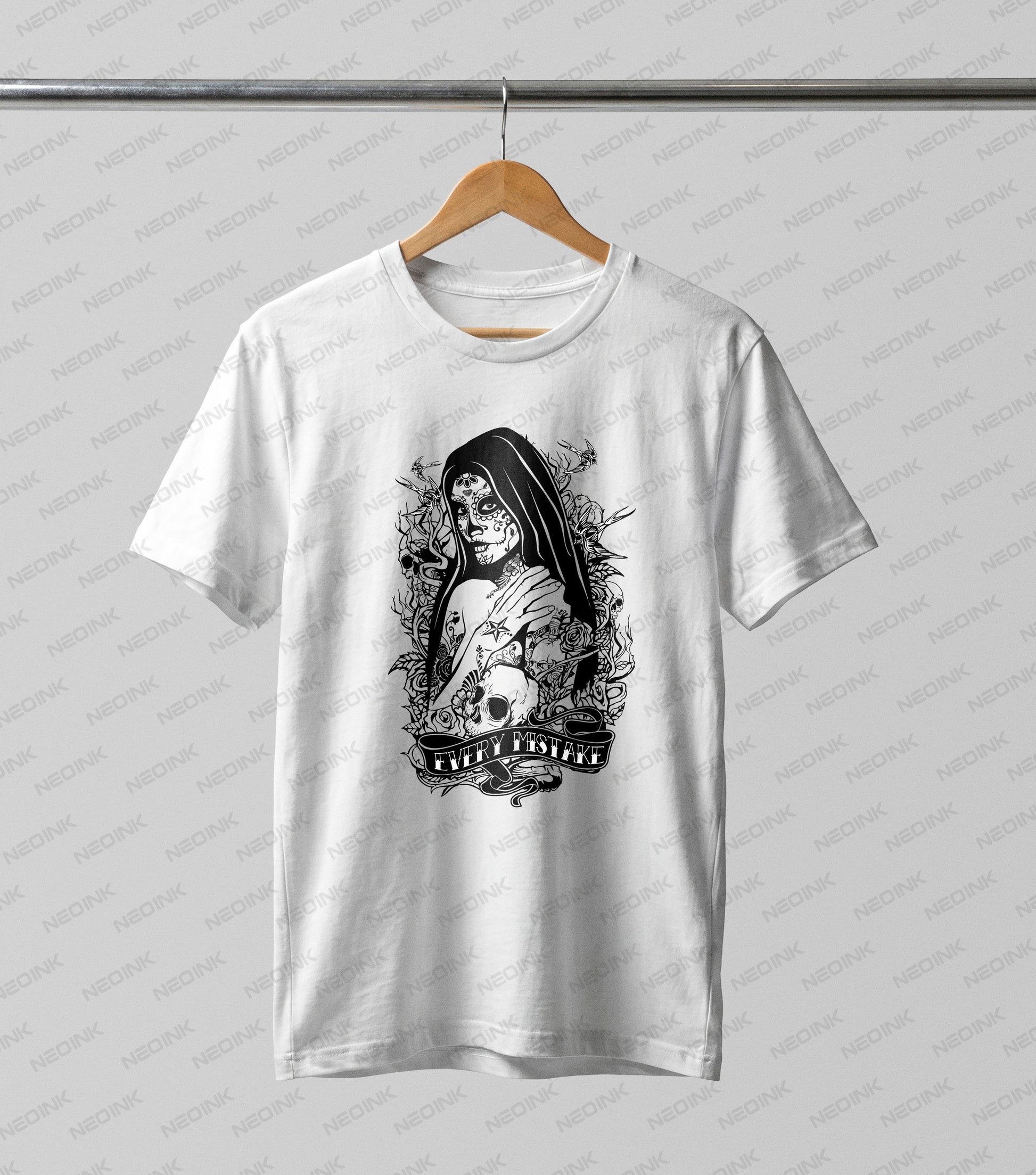 Gothic La Calavera Catrina illustration with dark roses and a ribbon banner, provided as high-quality DTF transfers that arrive completely ready to print on light colored apparel.